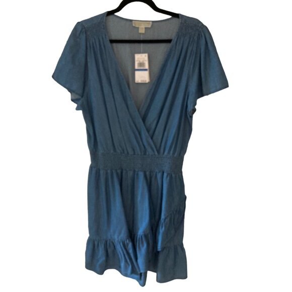 NWT MICHAEL MICHAEL KORS  Blue Denim Ruffled Faux-Wrap Dress XL - Picture 1 of 8
